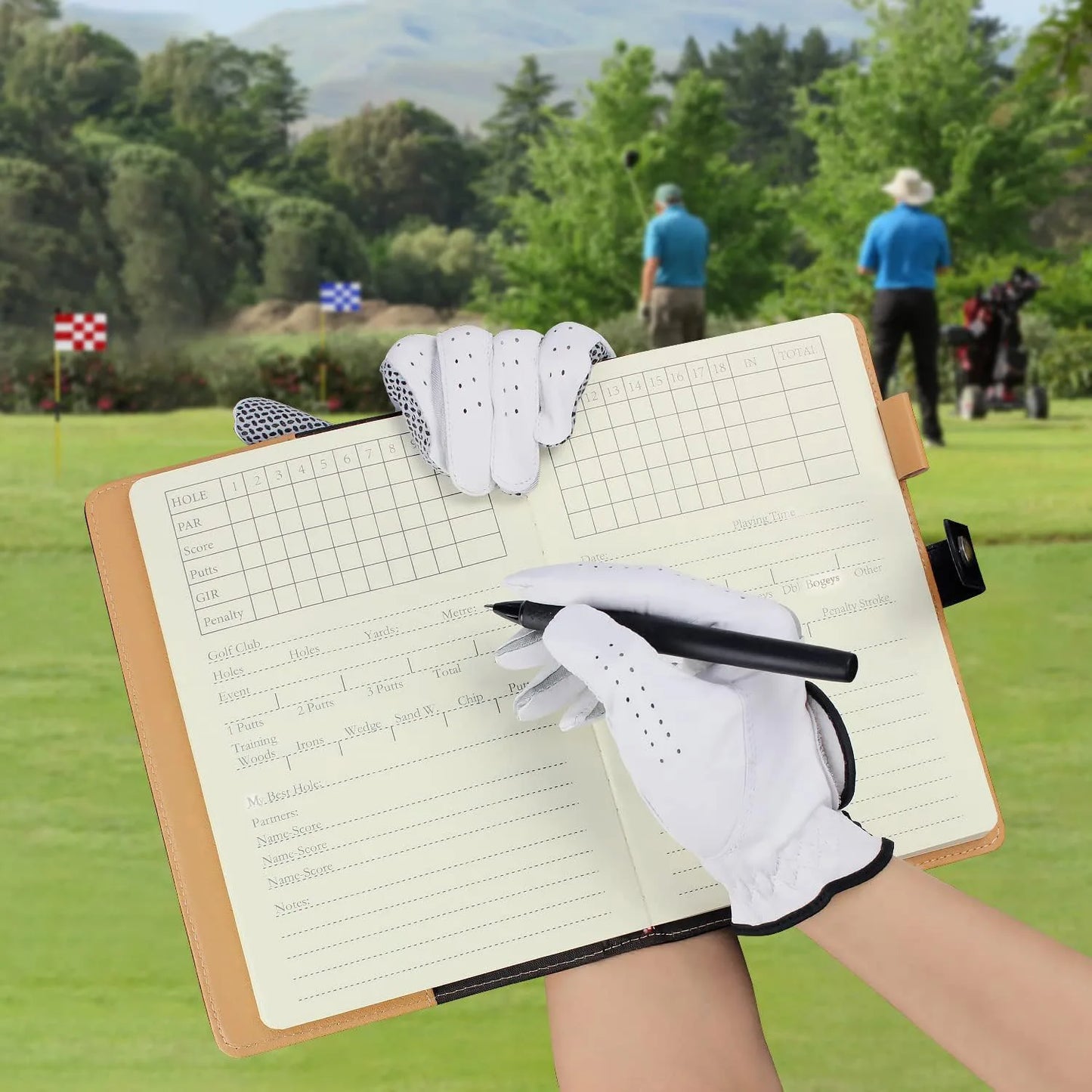 Porte-carte de score de golf en cuir noir, carnet de scores, journal de bord