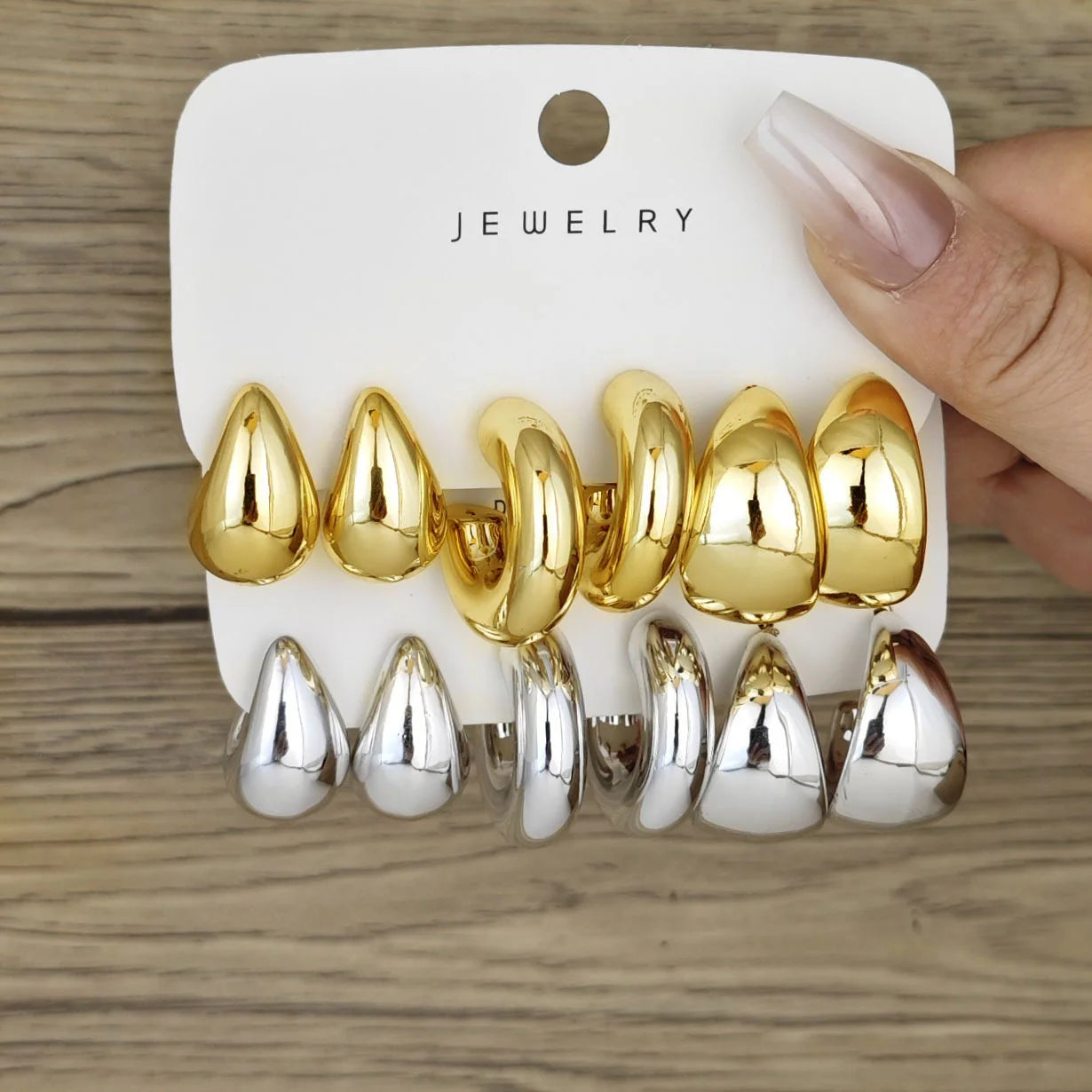 Ensemble de 6 boucles d'oreilles créoles épaisses plaquées or en forme de goutte d'eau
