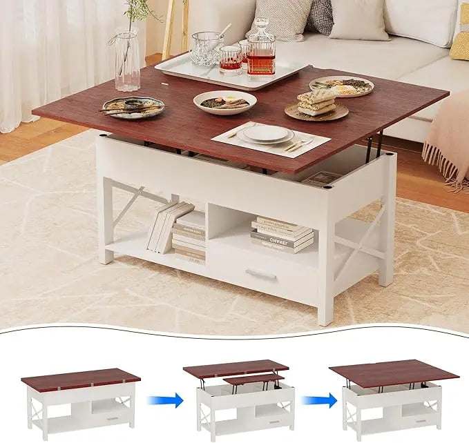 Table basse relevable, table basse 4 en 1 avec meuble de rangement pour salon, table basse avec plateau relevable