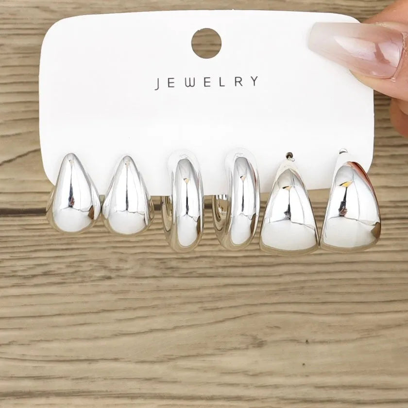 Ensemble de 6 boucles d'oreilles créoles épaisses plaquées or en forme de goutte d'eau
