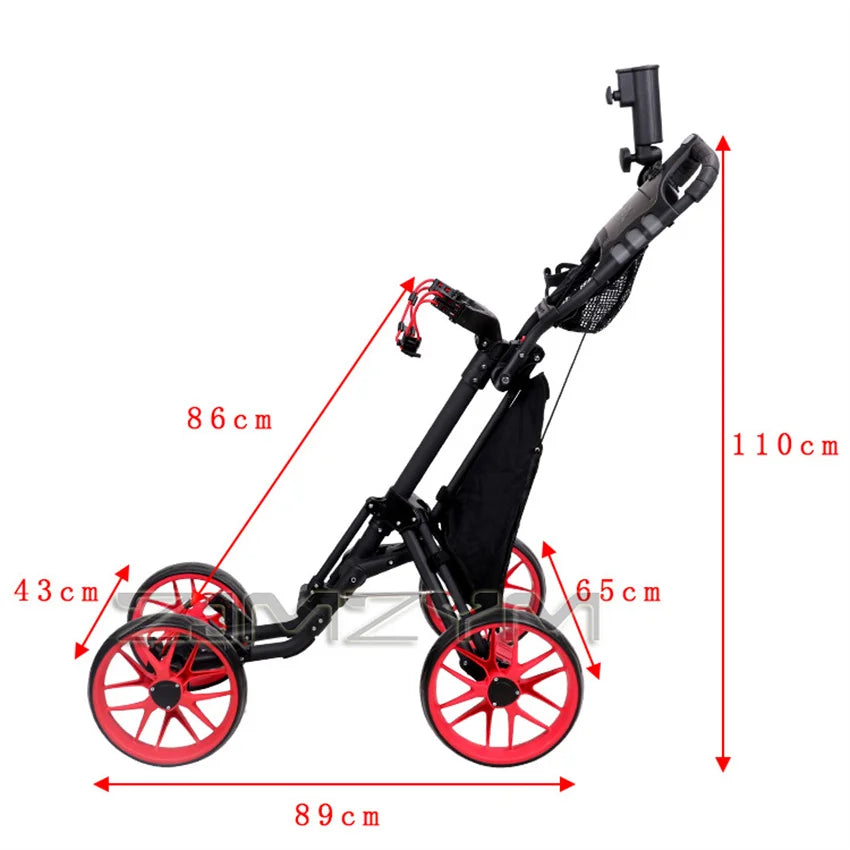 Chariot de golf pliable à 4 roues en alliage d'aluminium, sac de golf, chariot à pousser, parapluie, porte-gobelet, chariot réglable avec frein à pied