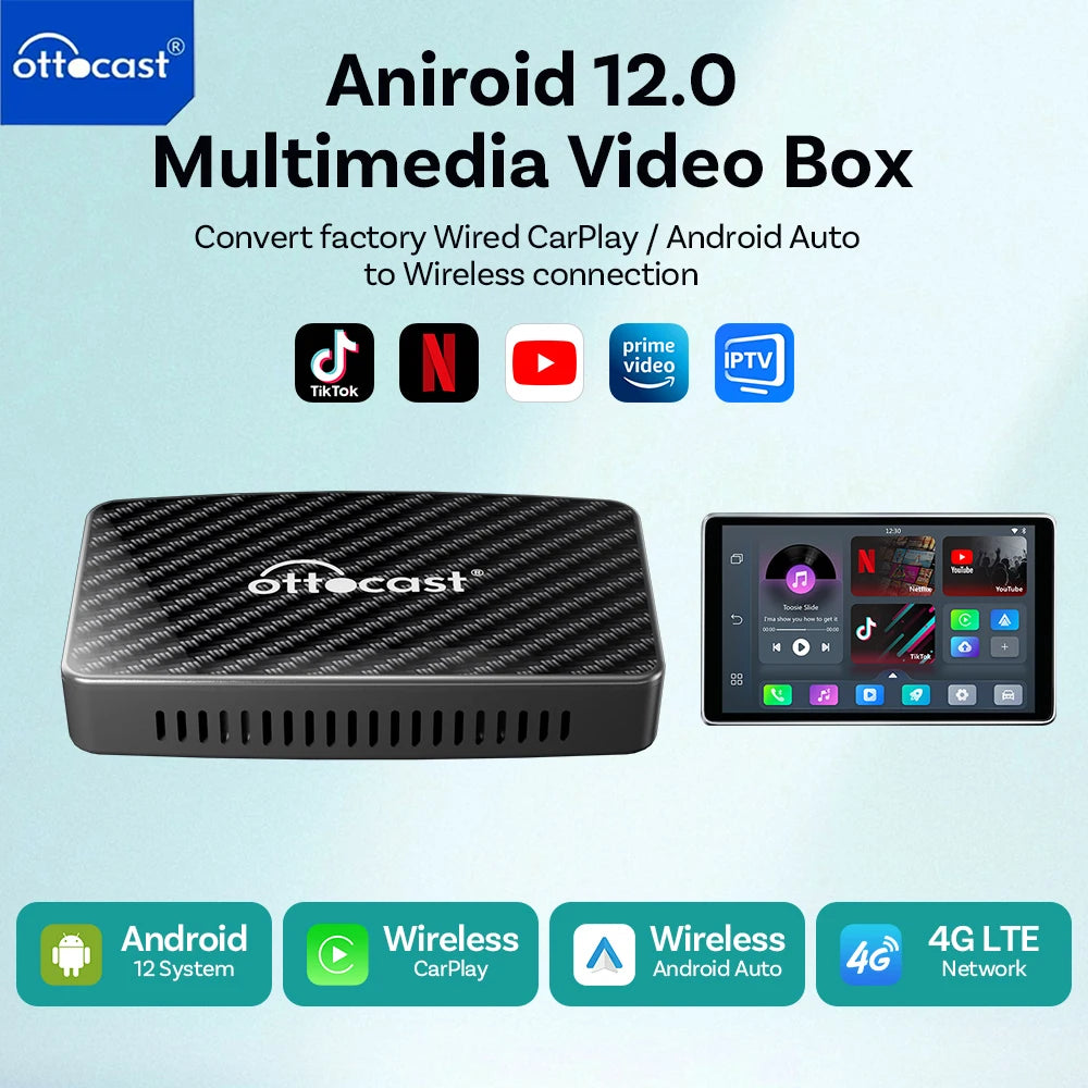 OTTOCAST Play2 Video Pro Wireless Carplay Adapter Android Auto Video Ai Box Built in Youtube Netflix for Car with Wired Carplay