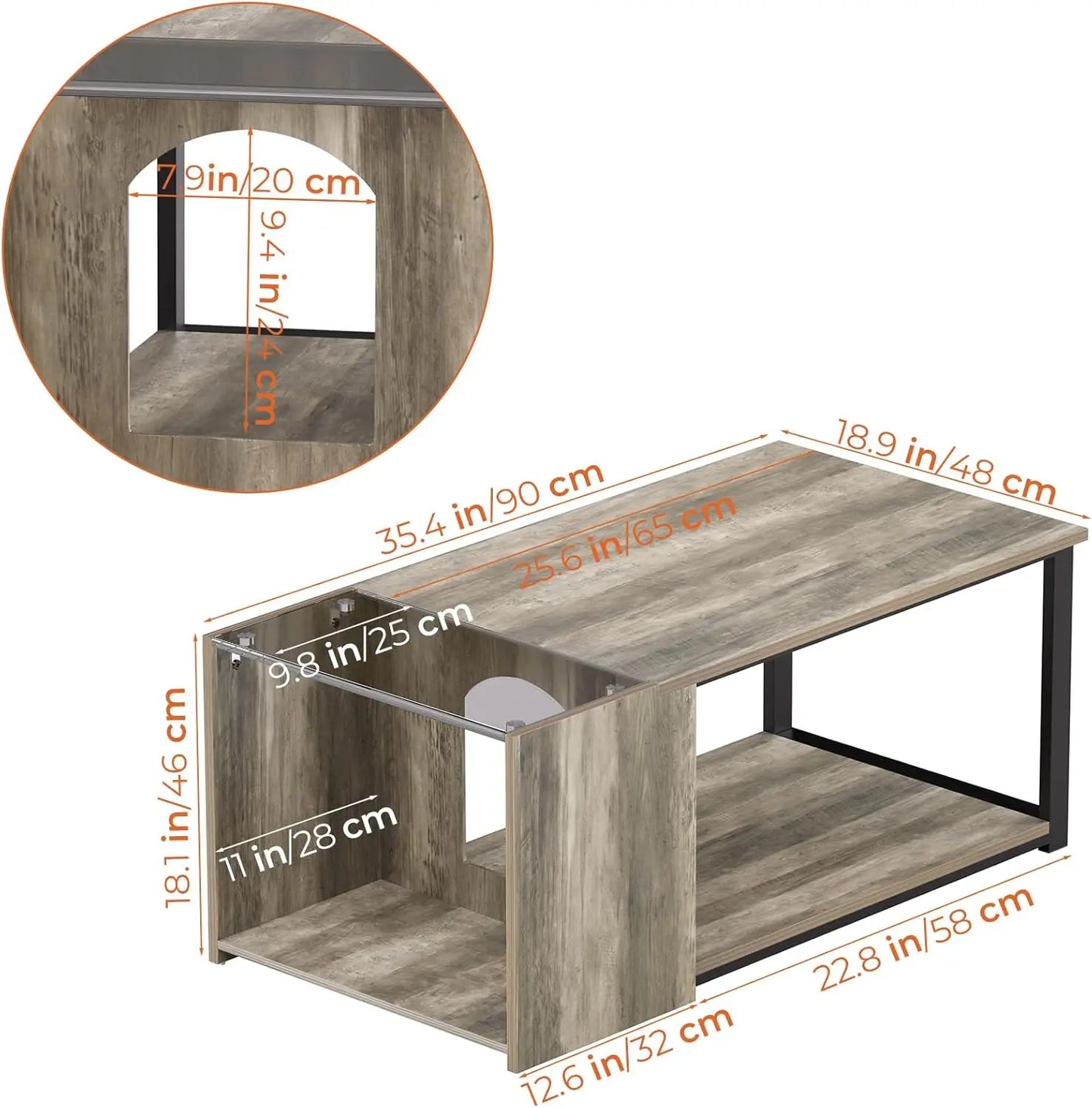 Table basse pour petit salon, table centrale moderne avec rangement, table rectangulaire en verre avec éclairage LED, grise