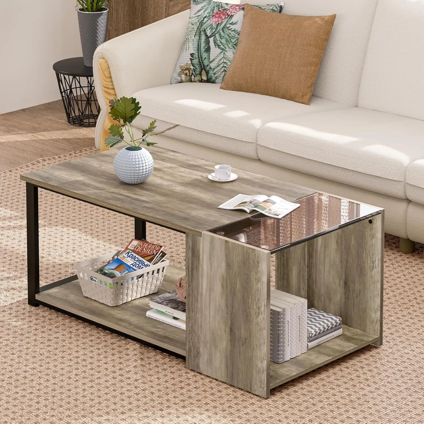 Table basse pour petit salon, table centrale moderne avec rangement, table rectangulaire en verre avec éclairage LED, grise