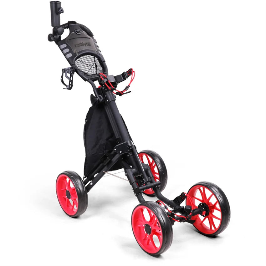 Chariot de golf pliable à 4 roues en alliage d'aluminium, sac de golf, chariot à pousser, parapluie, porte-gobelet, chariot réglable avec frein à pied
