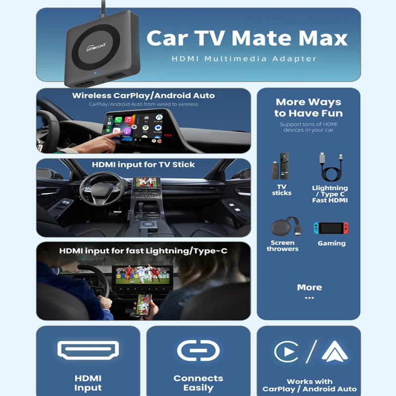 OTTOCAST Car TV Mate Wired to Wireless CarPlay Adapter Android Auto HDMI Multimedia Video Converter for TV Sticks Game Box Phone