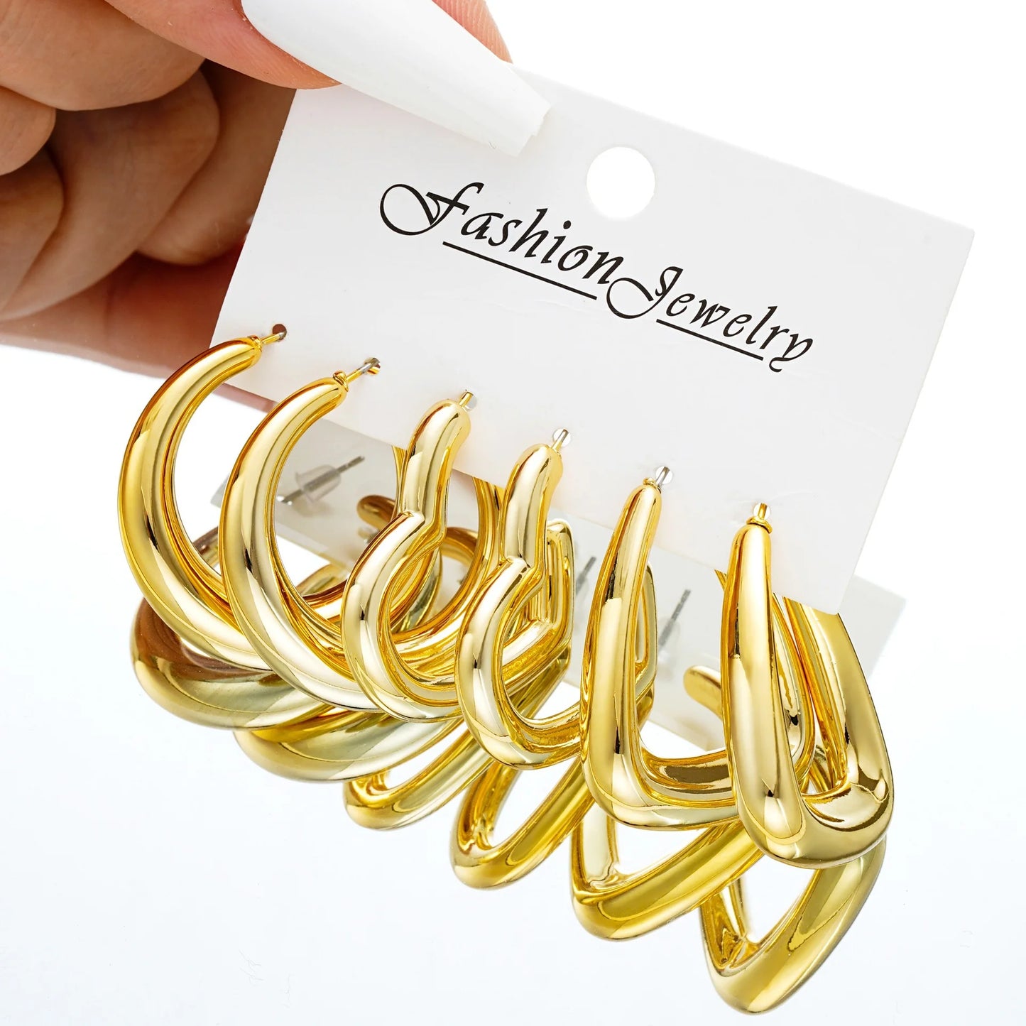 Ensemble de 6 boucles d'oreilles créoles épaisses plaquées or en forme de goutte d'eau