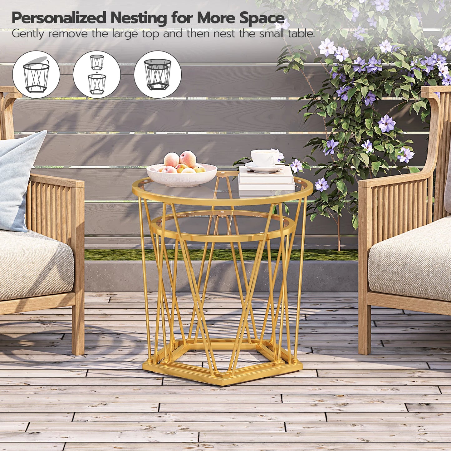 HOOBRO Lot de 2 tables basses rondes avec cadre en métal et plateau en verre doré pour salon et balcon