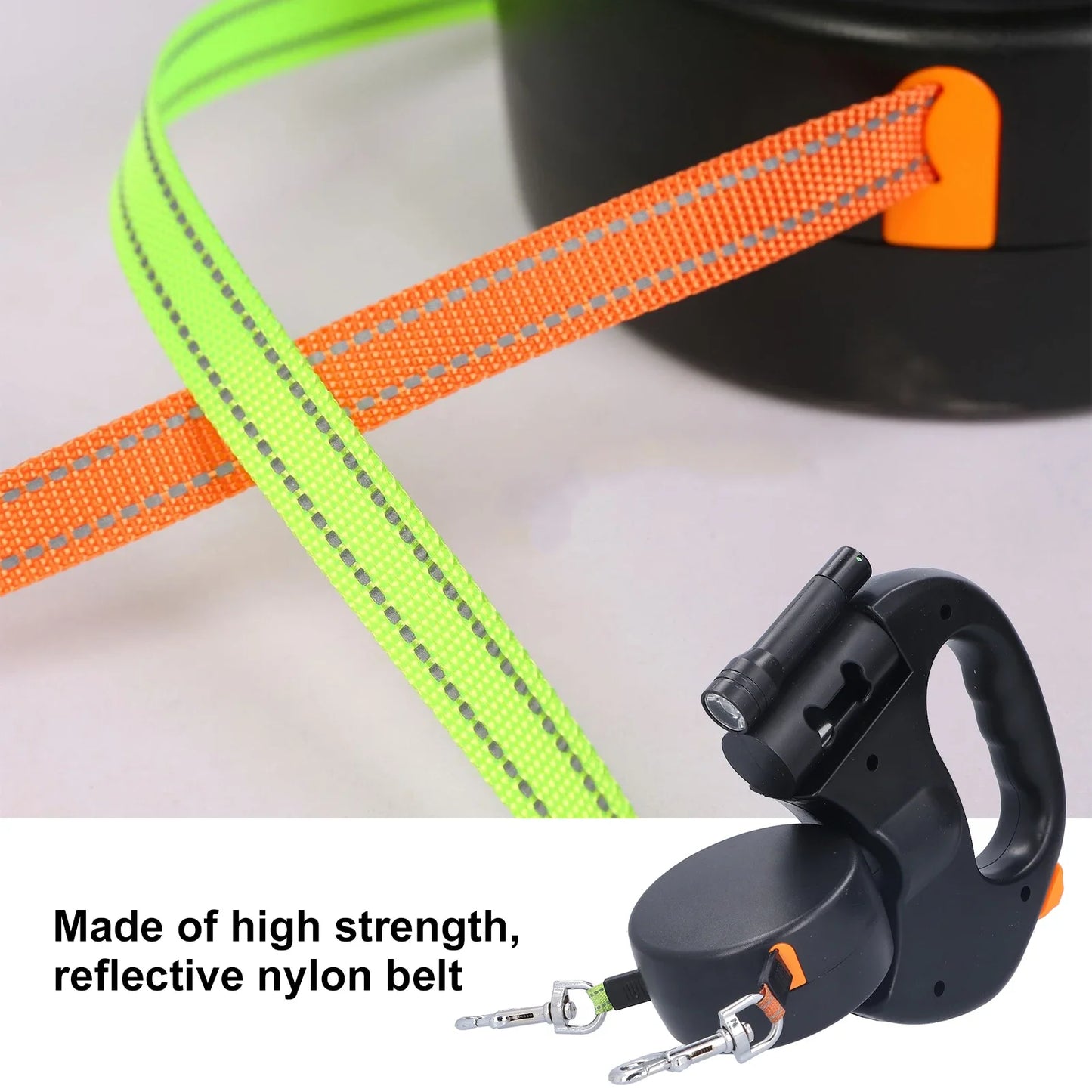 Laisses double rétractables doubles pour chien avec lampe de poche et distributeur de sacs