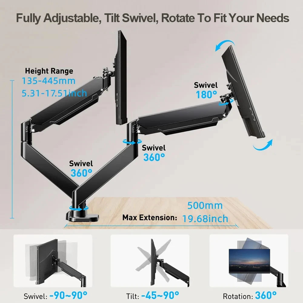 Support de moniteur réglable en hauteur VESA 100 x 100 mm pour deux écrans jusqu'à 32 pouces et 19,8 lb par écran