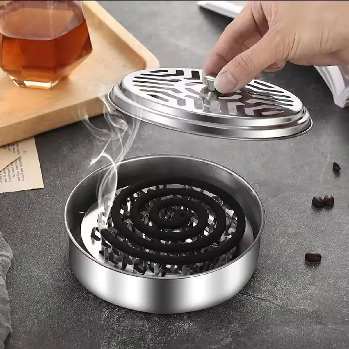 Stainless Steel Mosquito Coil Tray With Cover Large Portable Mosquito Coil Holder Box Mosquito Incense Coil Home Office Camping