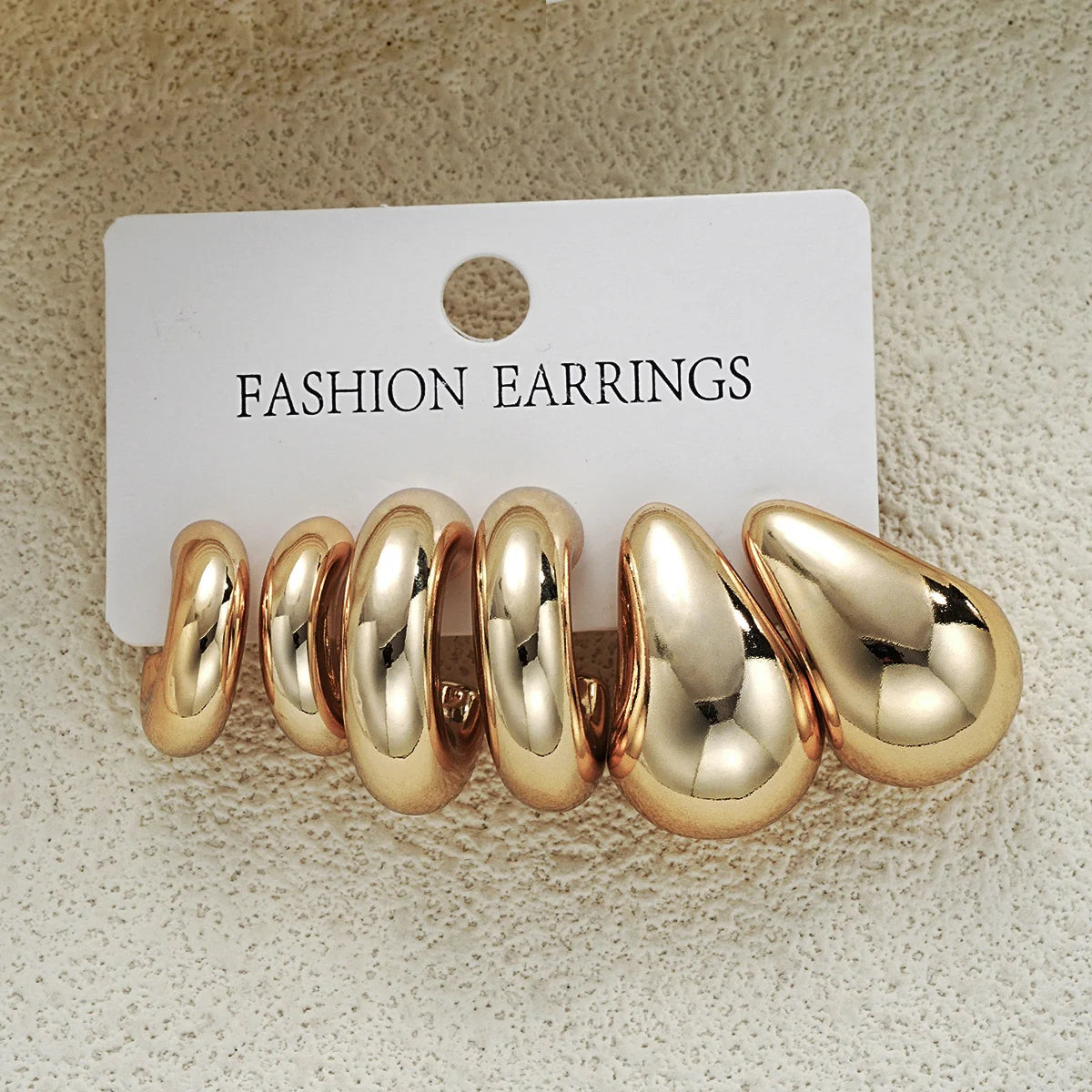 Ensemble de 6 boucles d'oreilles créoles épaisses plaquées or en forme de goutte d'eau