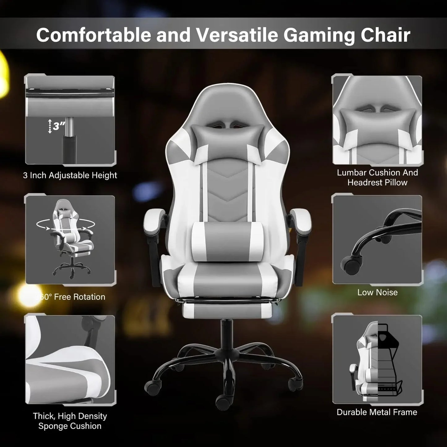 Chaise de jeu avec repose-pieds, chaise de bureau pivotante réglable style course, chaises de jeu vidéo ergonomiques