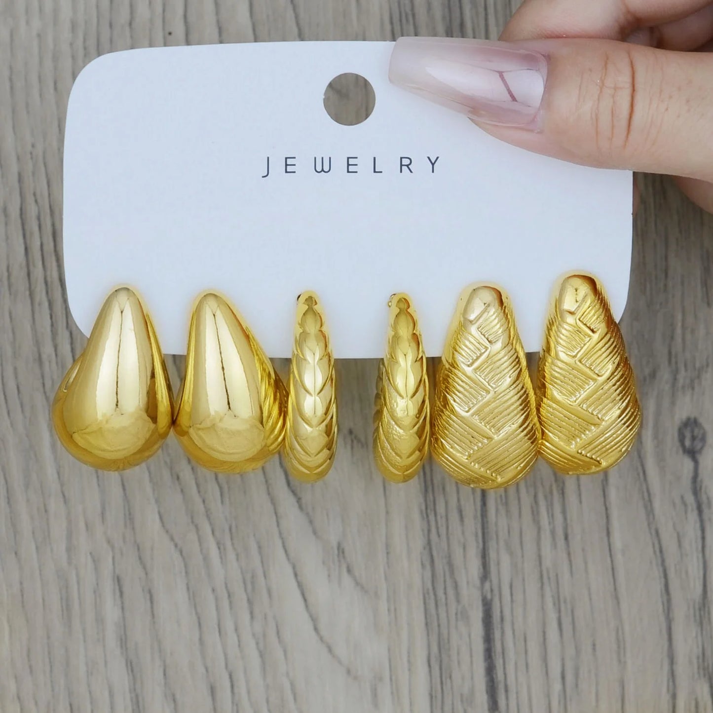 Ensemble de 6 boucles d'oreilles créoles épaisses plaquées or en forme de goutte d'eau