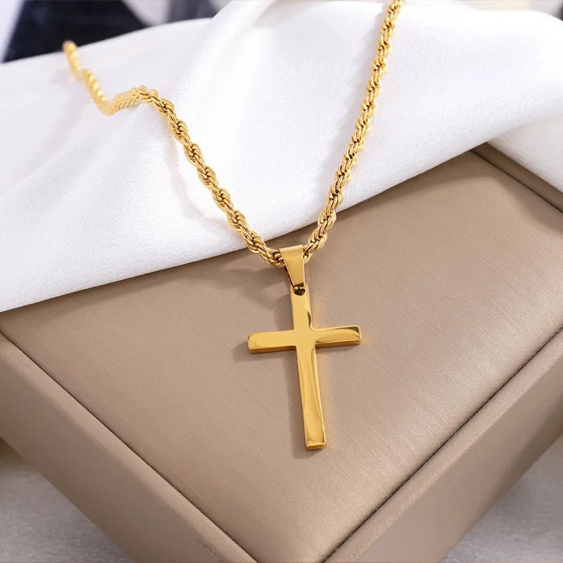 New Stainless Steel Cross Pendant Necklace for Men Women Minimalist Gold Color Jewelry Male Female Necklaces Chokers Gifts