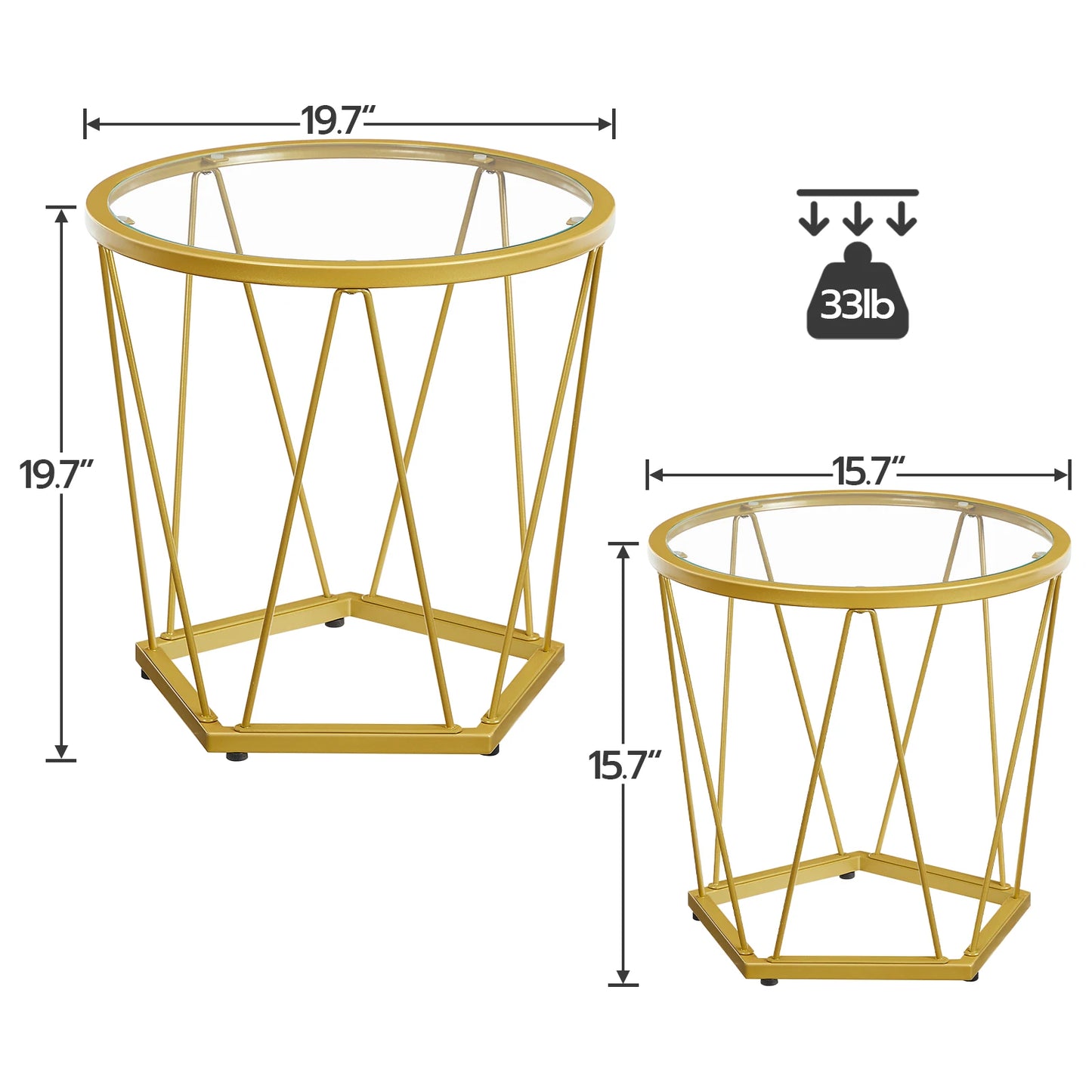 HOOBRO Lot de 2 tables basses rondes avec cadre en métal et plateau en verre doré pour salon et balcon