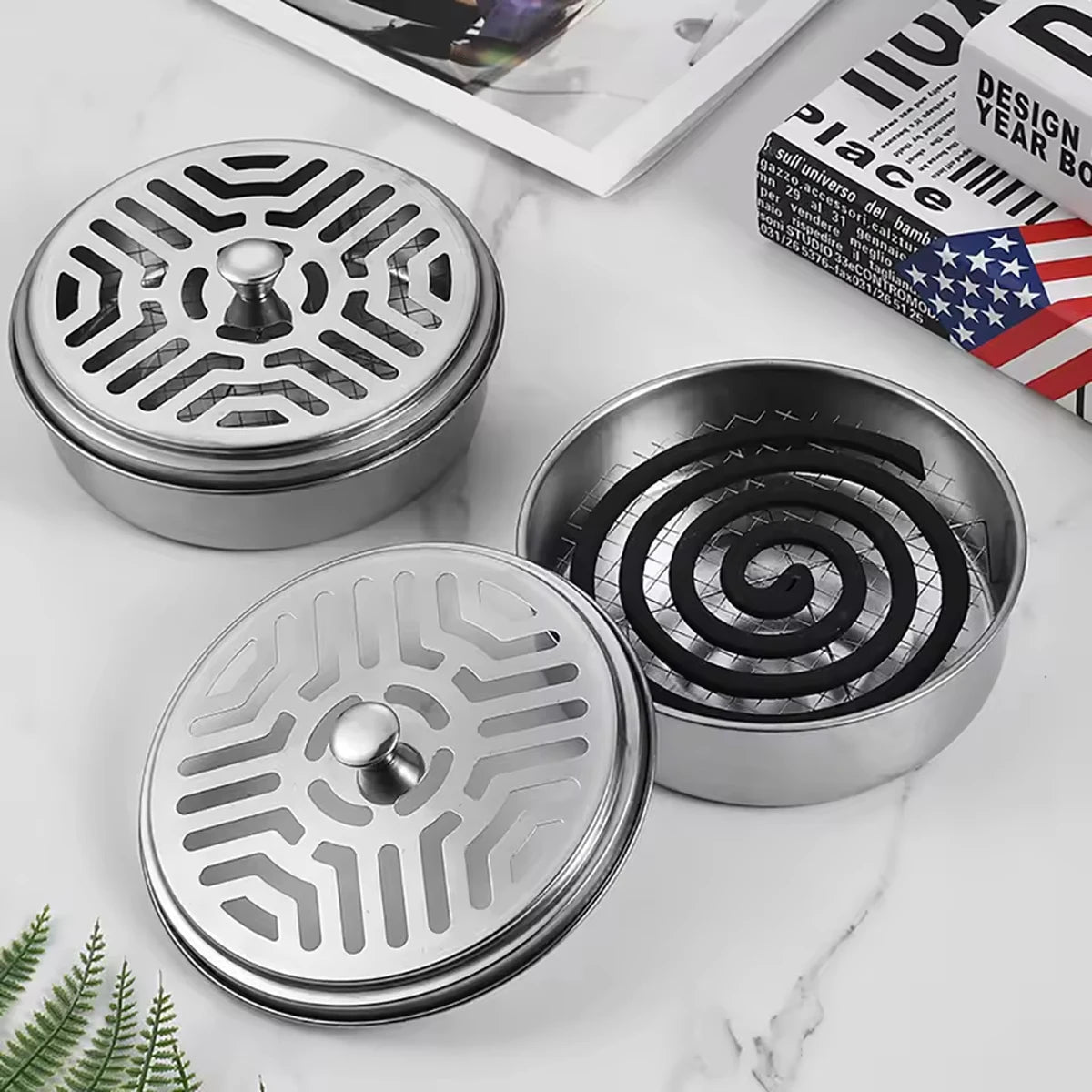 Stainless Steel Mosquito Coil Tray With Cover Large Portable Mosquito Coil Holder Box Mosquito Incense Coil Home Office Camping