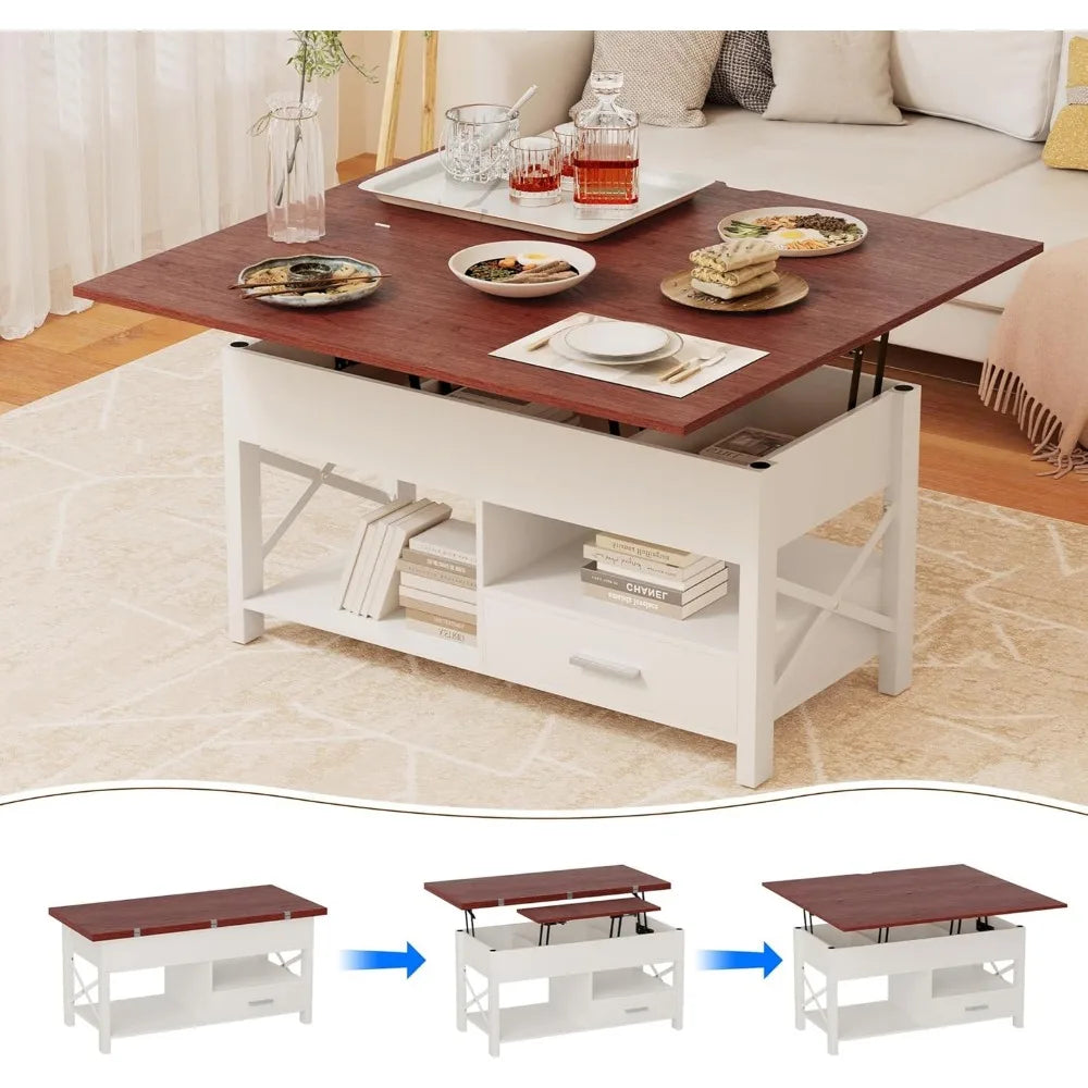 Table basse relevable, table basse 4 en 1 avec meuble de rangement pour salon, table basse avec plateau relevable