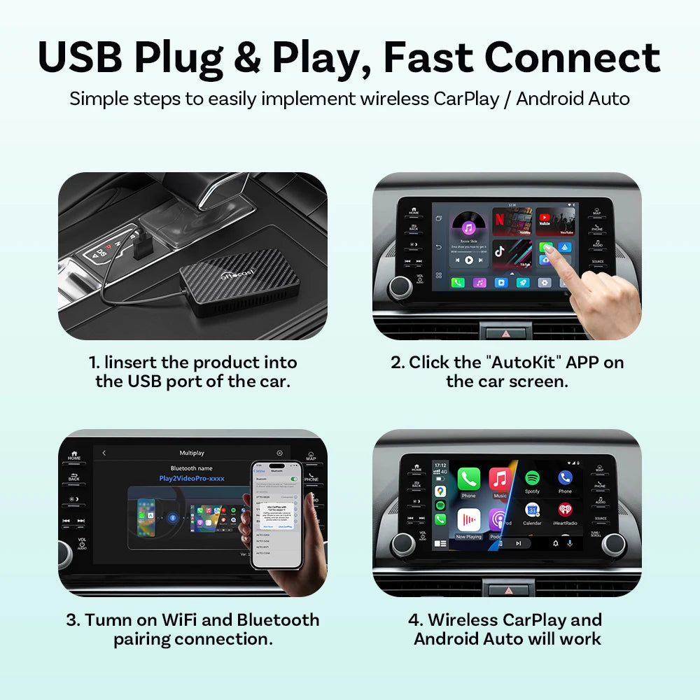 OTTOCAST Play2 Video Pro Wireless Carplay Adapter Android Auto Video Ai Box Built in Youtube Netflix for Car with Wired Carplay