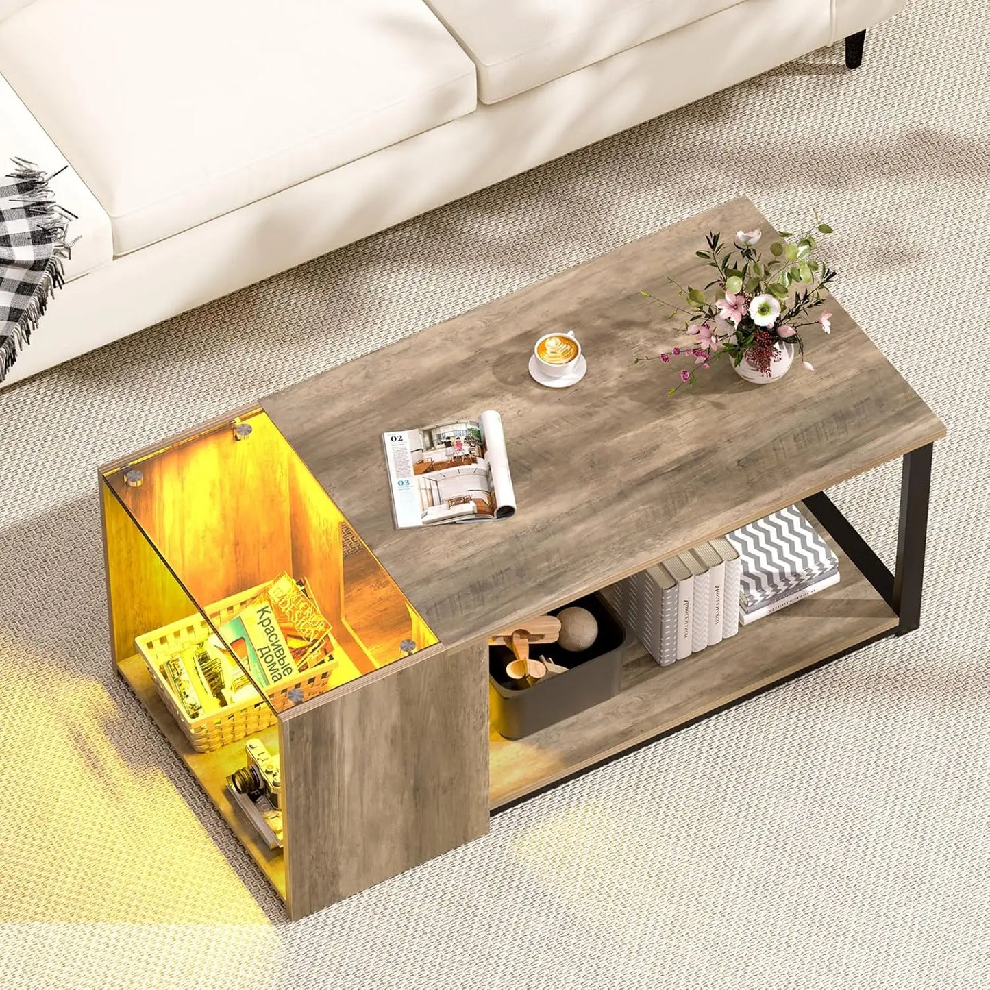 Table basse pour petit salon, table centrale moderne avec rangement, table rectangulaire en verre avec éclairage LED, grise