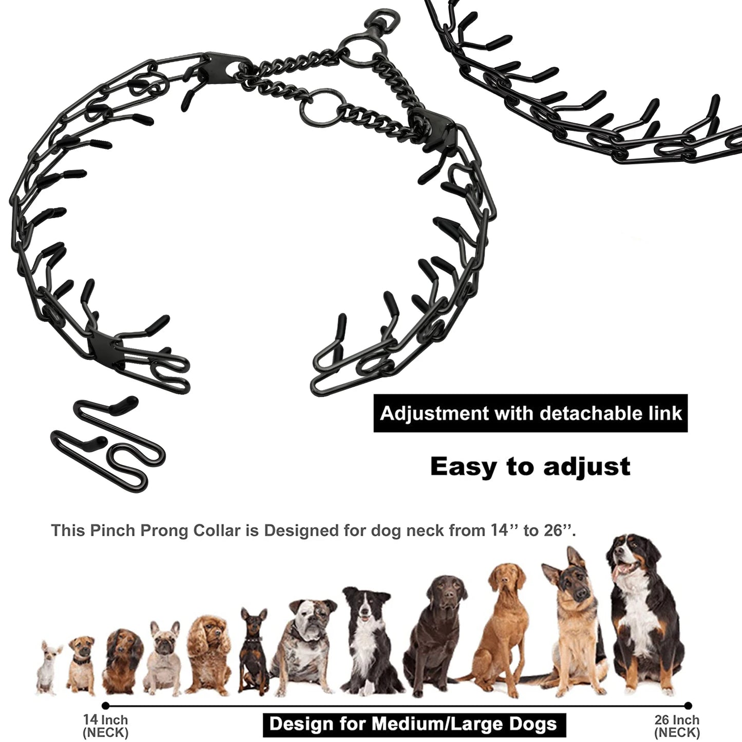 Collier de dressage pour chien à griffes, chaîne à maillons amovible noire pour animaux de compagnie, collier à pointes métalliques réglable en acier inoxydable avec embout en caoutchouc confortable