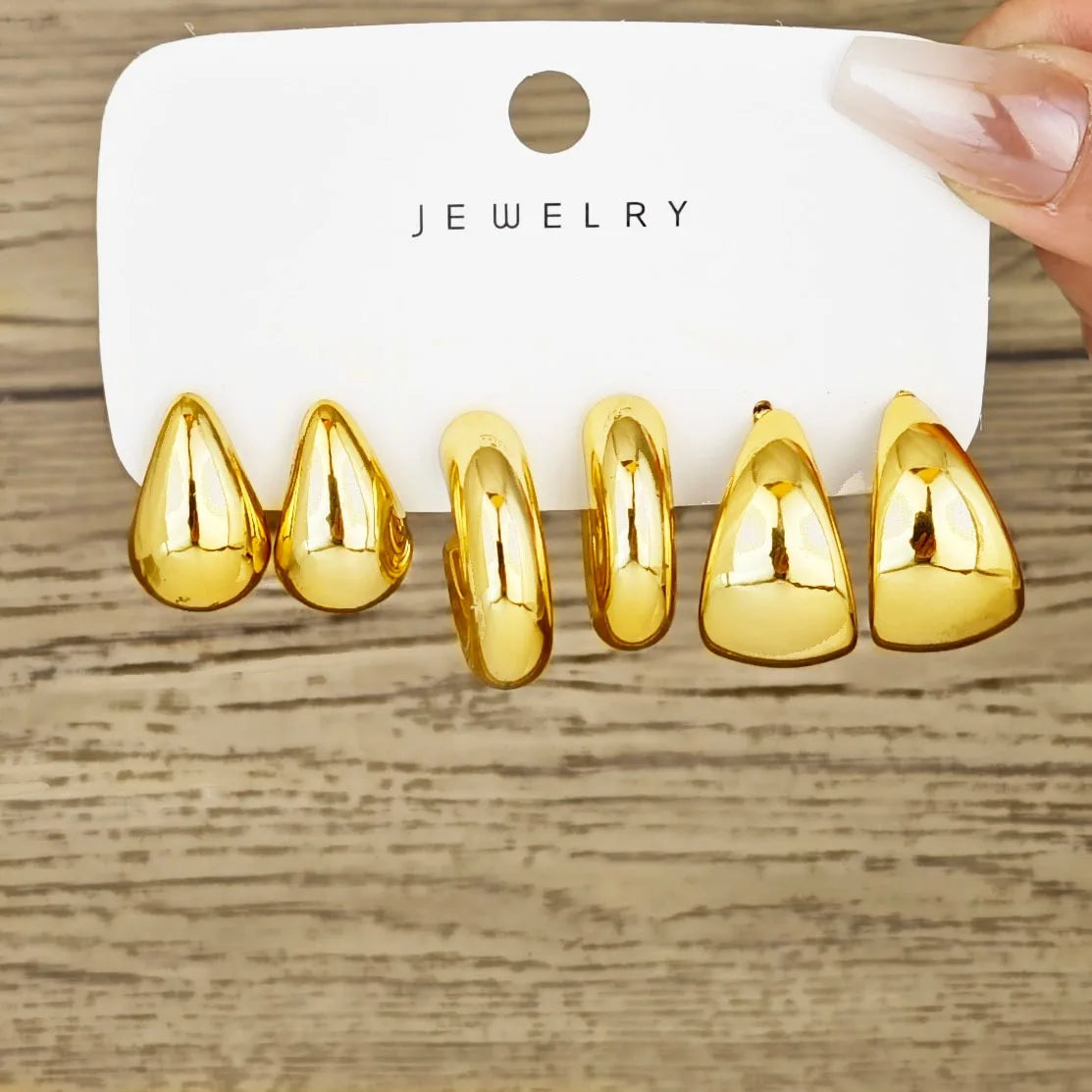 Ensemble de 6 boucles d'oreilles créoles épaisses plaquées or en forme de goutte d'eau