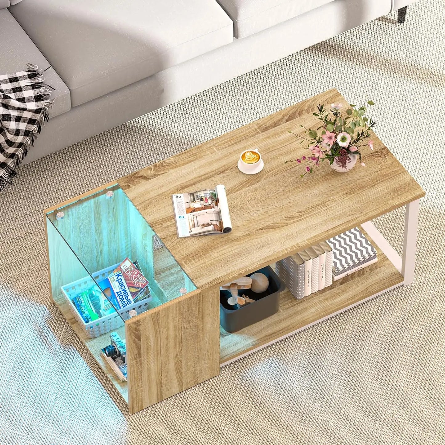 Table basse pour petit salon, table centrale moderne avec rangement, table rectangulaire en verre avec éclairage LED, grise