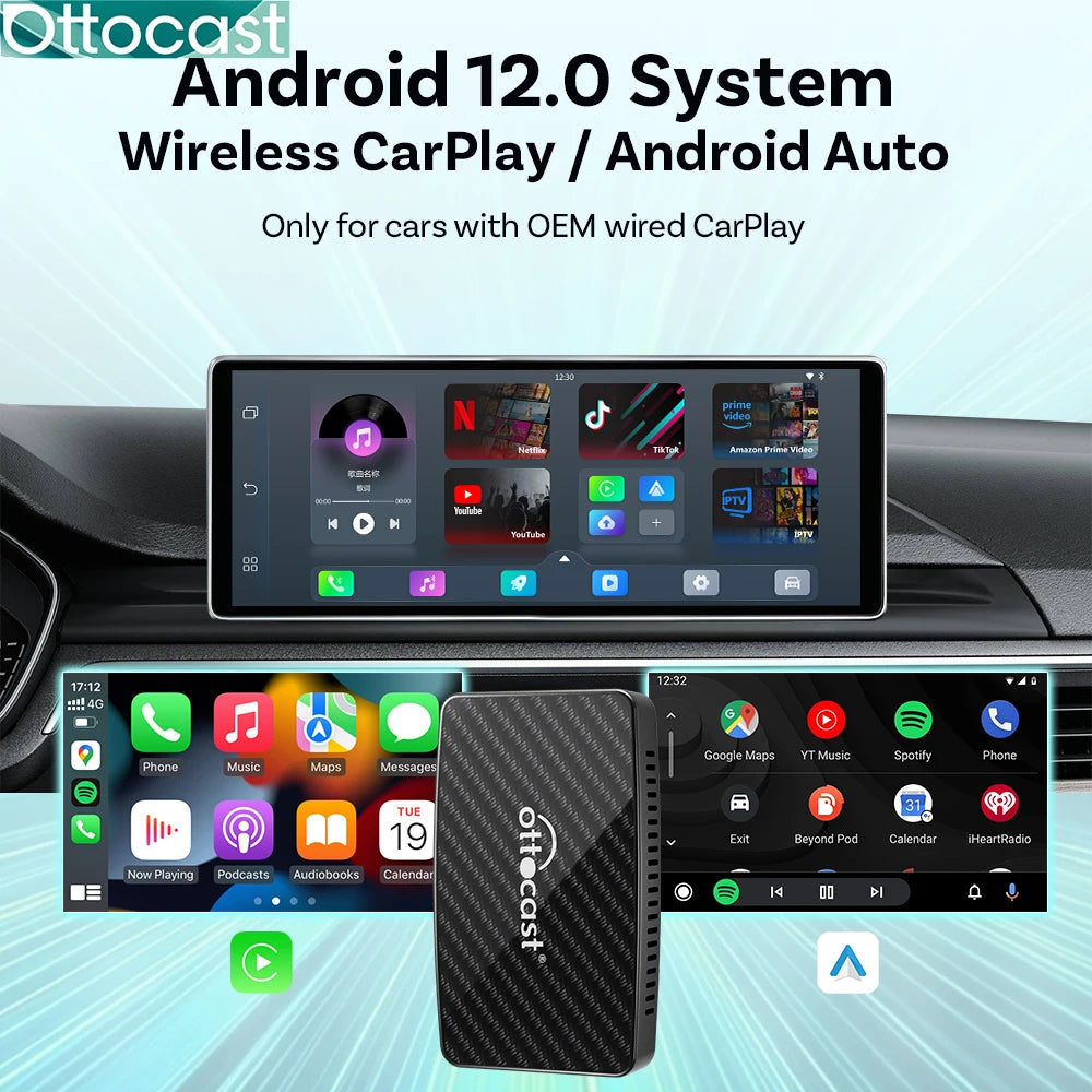 OTTOCAST Play2 Video Pro Wireless Carplay Adapter Android Auto Video Ai Box Built in Youtube Netflix for Car with Wired Carplay