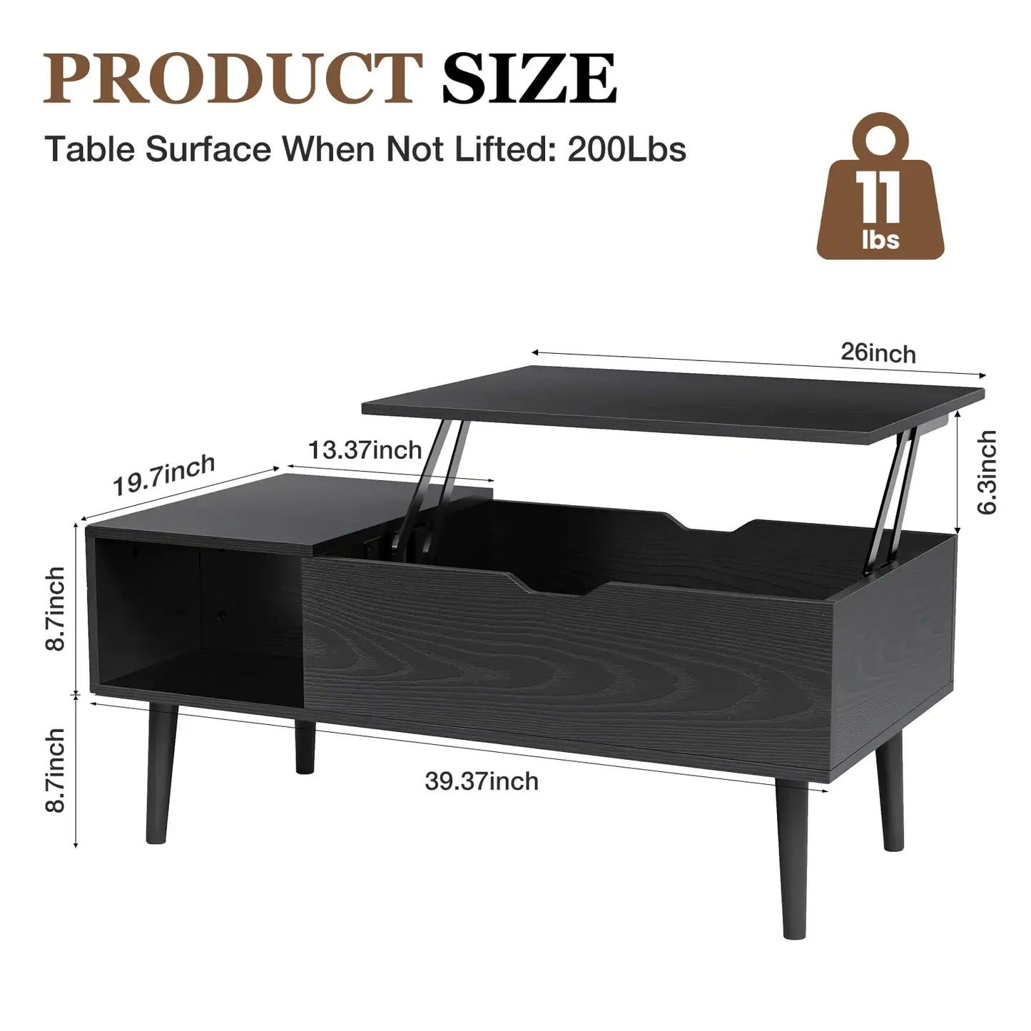 Table basse moderne à plateau relevable pour salon – Table centrale convertible à hauteur réglable avec rangement, finition expresso, noire