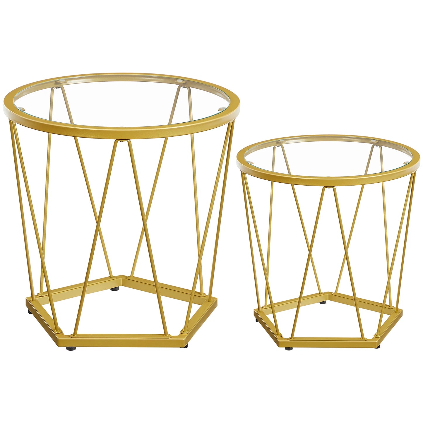 HOOBRO Lot de 2 tables basses rondes avec cadre en métal et plateau en verre doré pour salon et balcon