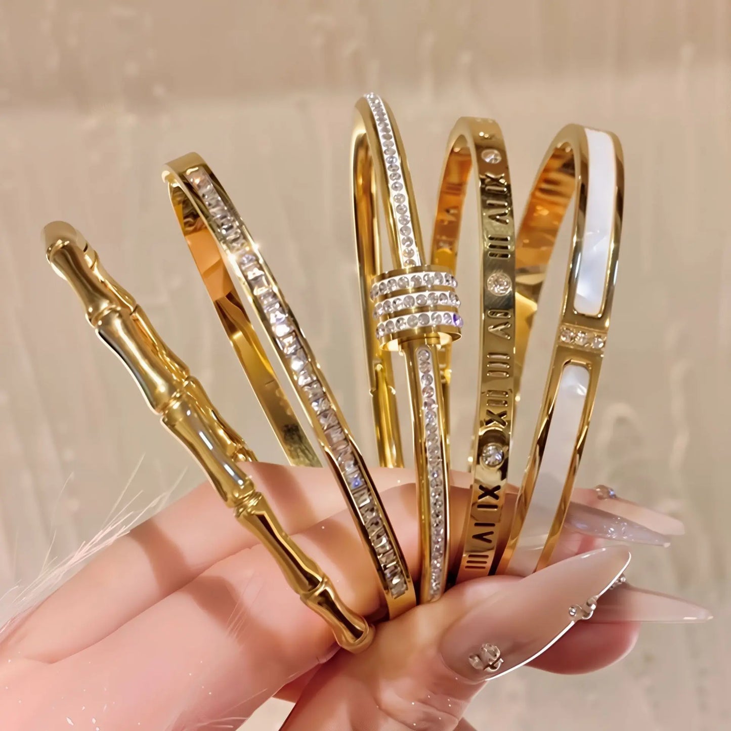 Bracelet en acier inoxydable et titane, plaqué or et zircons incrustés