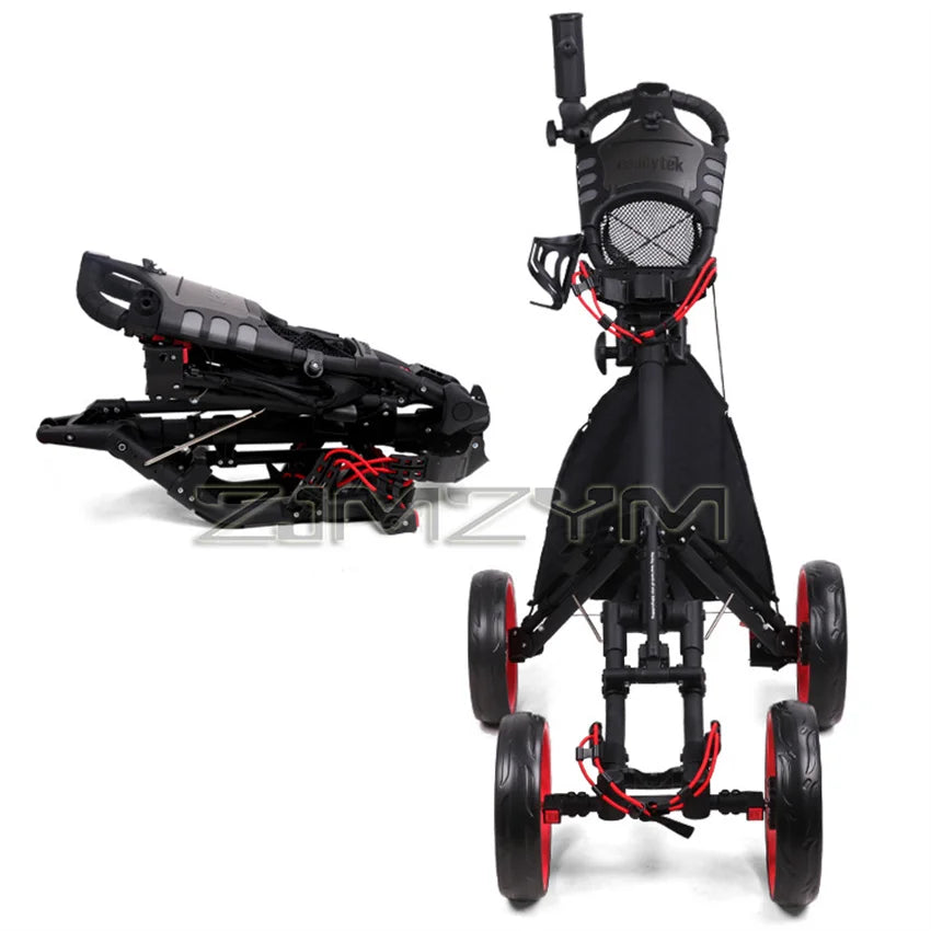 Chariot de golf pliable à 4 roues en alliage d'aluminium, sac de golf, chariot à pousser, parapluie, porte-gobelet, chariot réglable avec frein à pied