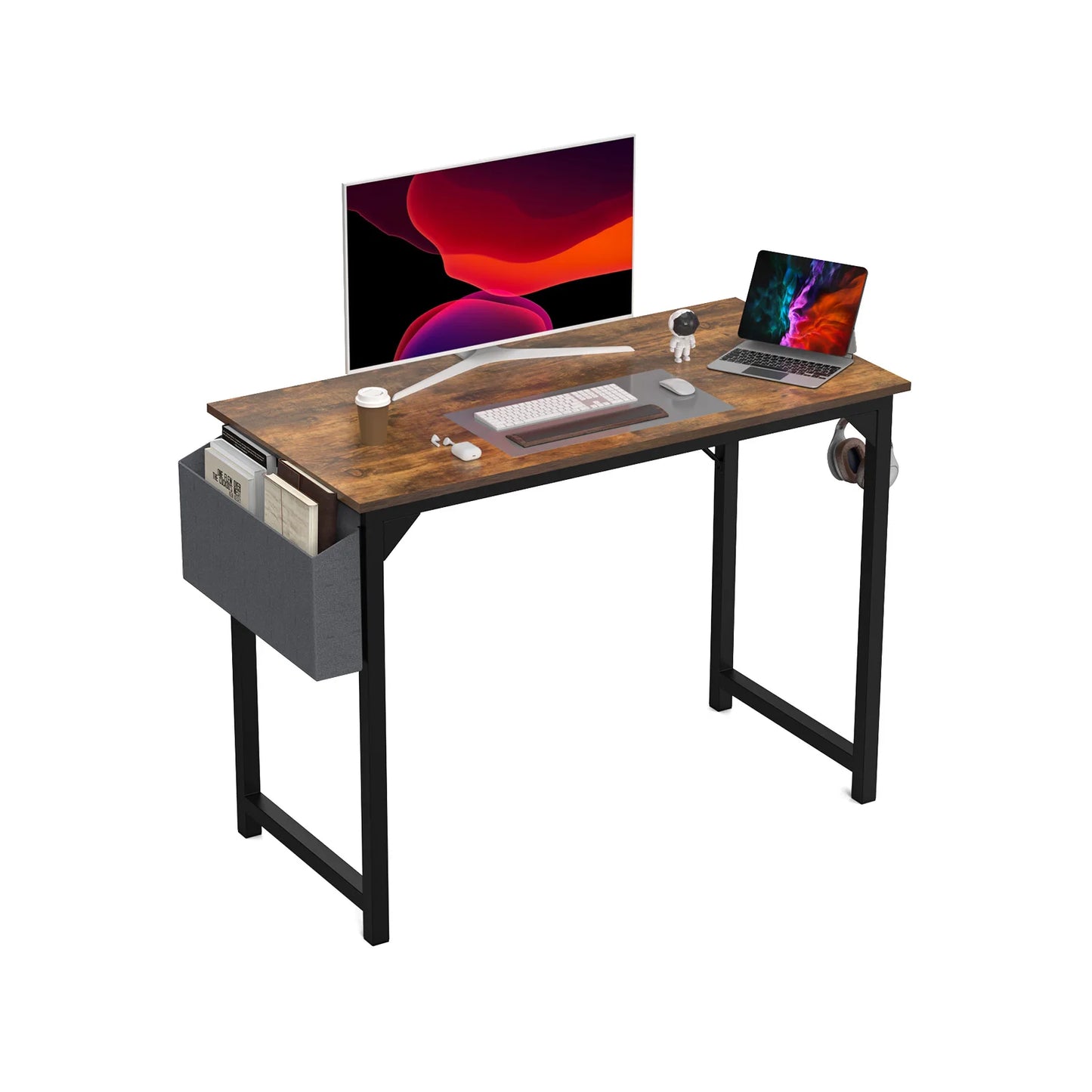 Bureau d'ordinateur JHK, table de jeu, bureau d'étude, bureau d'écriture, style simple et moderne, compact, avec sac latéral, crochet pour casque, assemblage facile