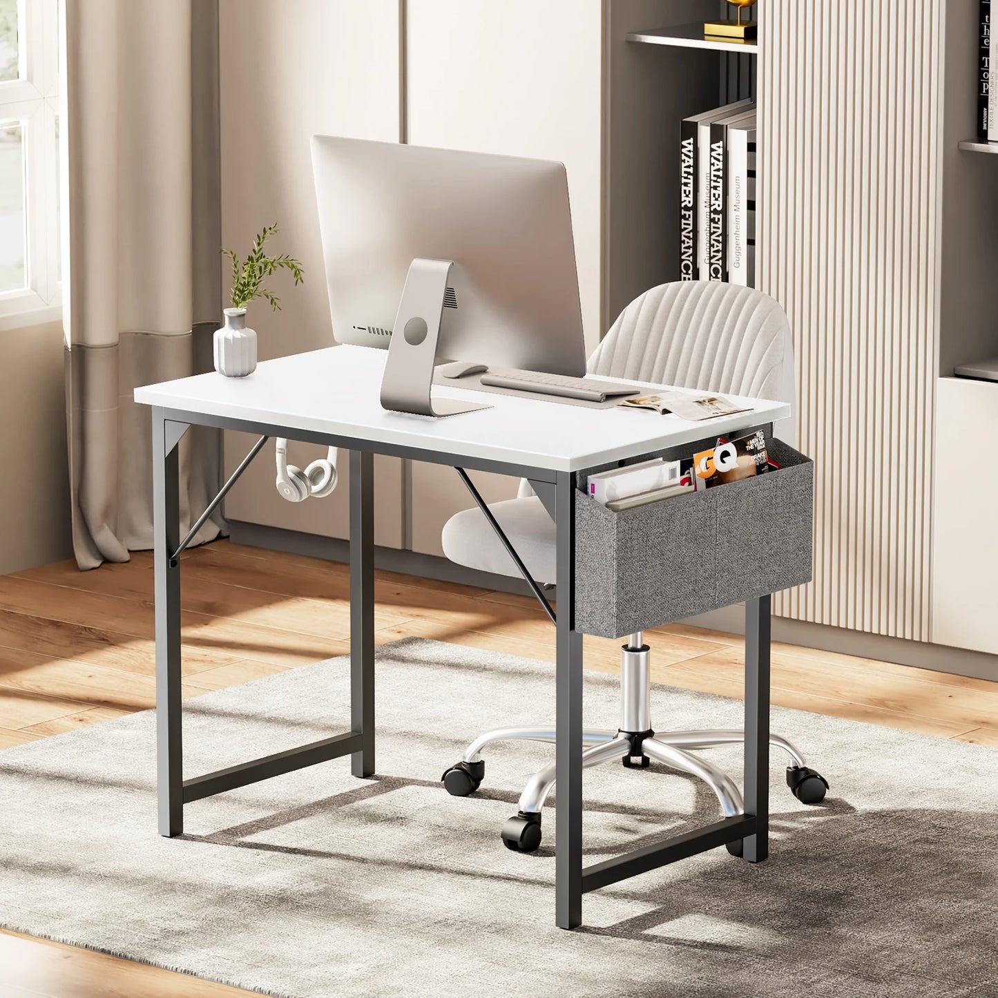 Bureau d'ordinateur JHK, table de jeu, bureau d'étude, bureau d'écriture, style simple et moderne, compact, avec sac latéral, crochet pour casque, assemblage facile