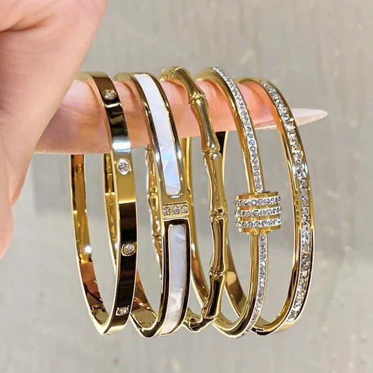 Bracelet en acier inoxydable et titane, plaqué or et zircons incrustés