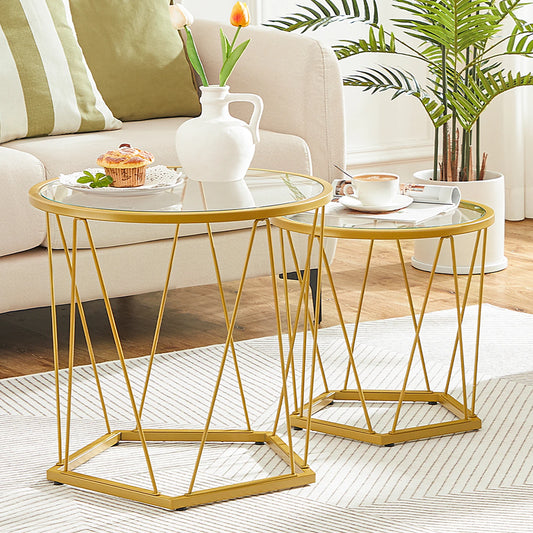 HOOBRO Lot de 2 tables basses rondes avec cadre en métal et plateau en verre doré pour salon et balcon