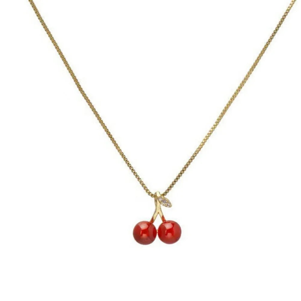 Stainless Steel Cherry Necklace Natural Stone Beads Pendant Chain Necklace Women's Fashion Wedding Jewelry Birthday Gift