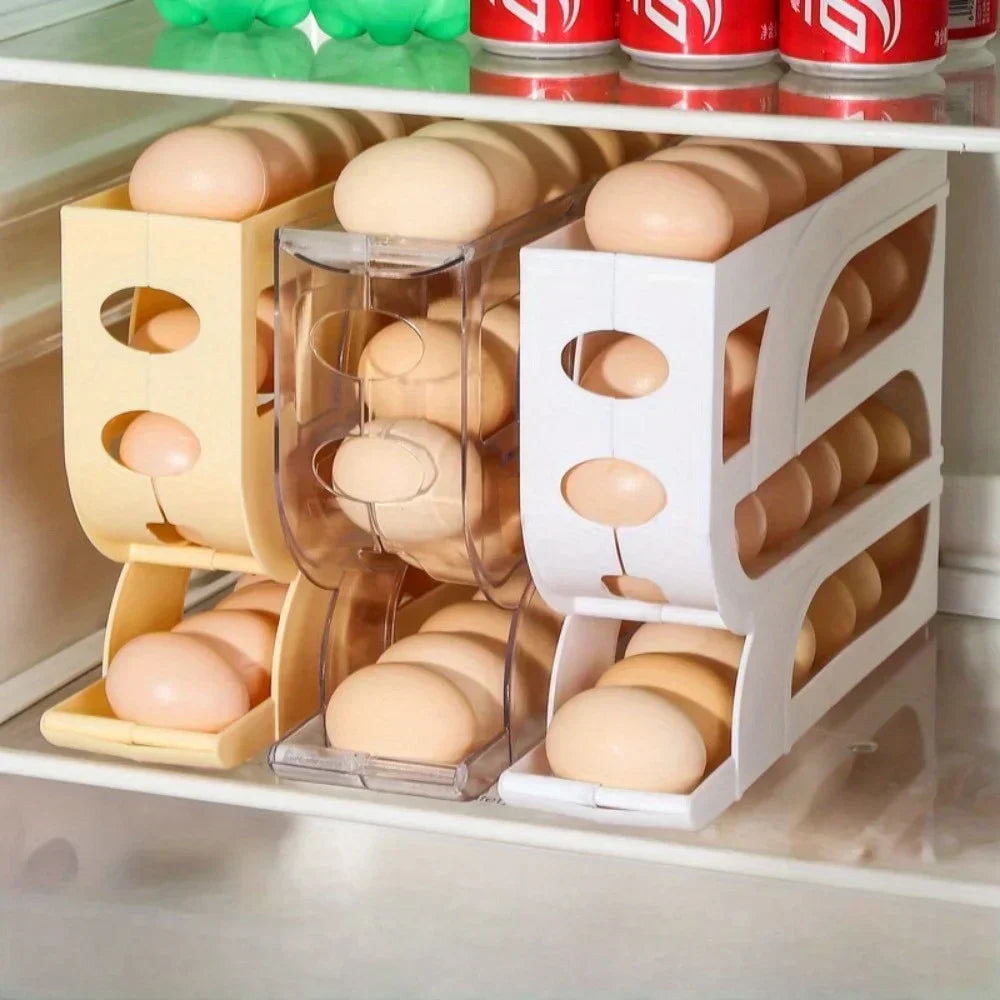 1Pc 3/4 Tier Home Automatic Rolling Egg Storage Box, Kitchen Refrigerator Side Door, Egg Preservation Rack,Easy To Clean