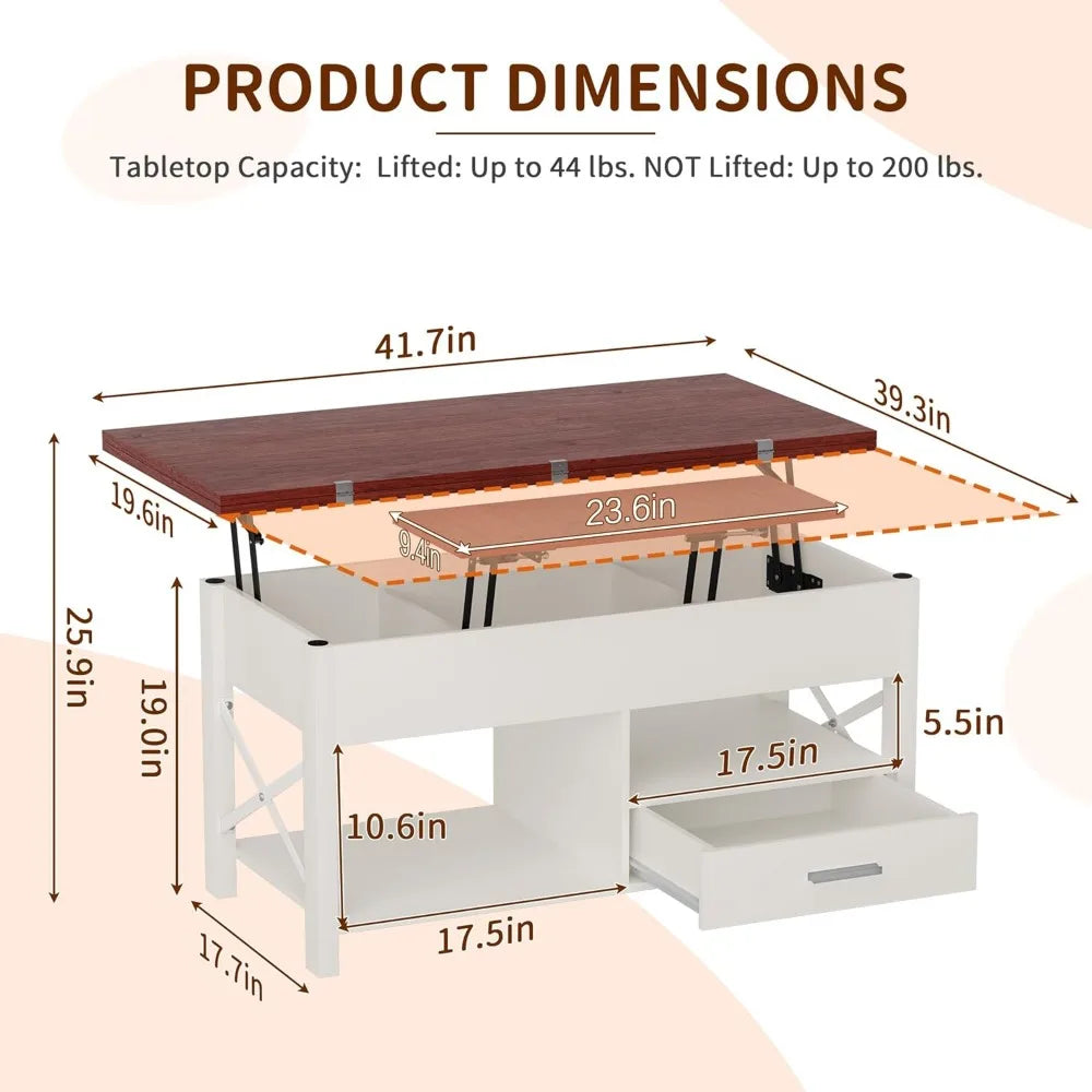 Table basse relevable, table basse 4 en 1 avec meuble de rangement pour salon, table basse avec plateau relevable