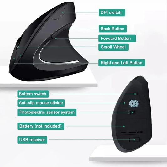 Souris verticale ergonomique sans fil 2,4 GHz, 3 DPI réglables 800/1200/1600, 6 boutons pour ordinateur portable et de bureau