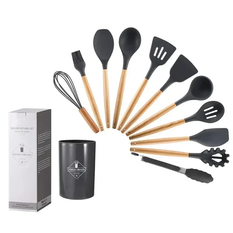 12-piece set of wooden handle silicone kitchenware with storage bucket High temperature resistant non-stick spatula