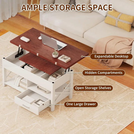 Table basse relevable, table basse 4 en 1 avec meuble de rangement pour salon, table basse avec plateau relevable