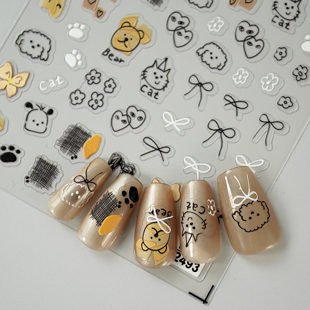 5D Cute Animal Nail Stickers Cute Sketching Graffiti Animal Cat Dog Nail Art Sticker Designs Self Adhesive Decoration Decal