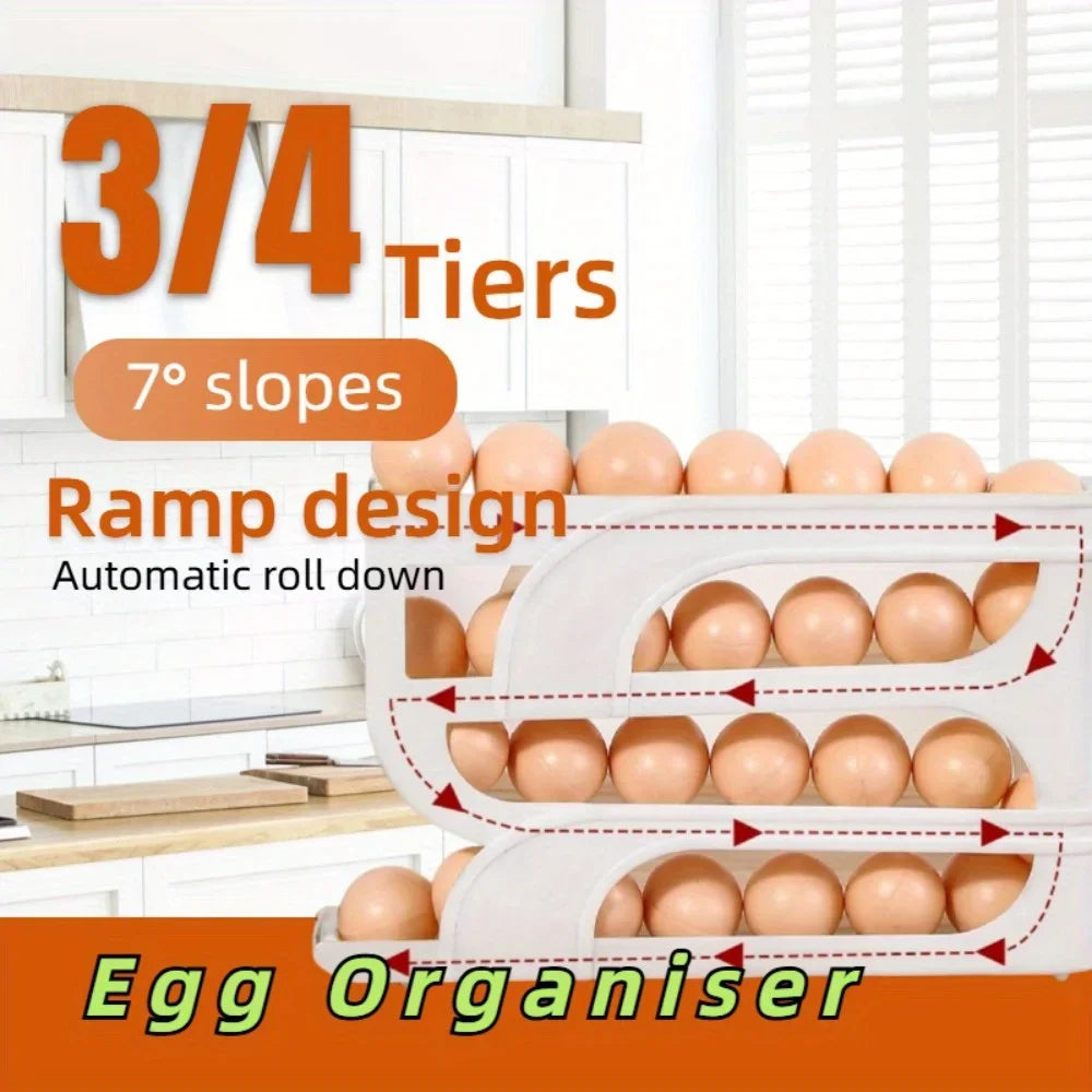 1Pc 3/4 Tier Home Automatic Rolling Egg Storage Box, Kitchen Refrigerator Side Door, Egg Preservation Rack,Easy To Clean