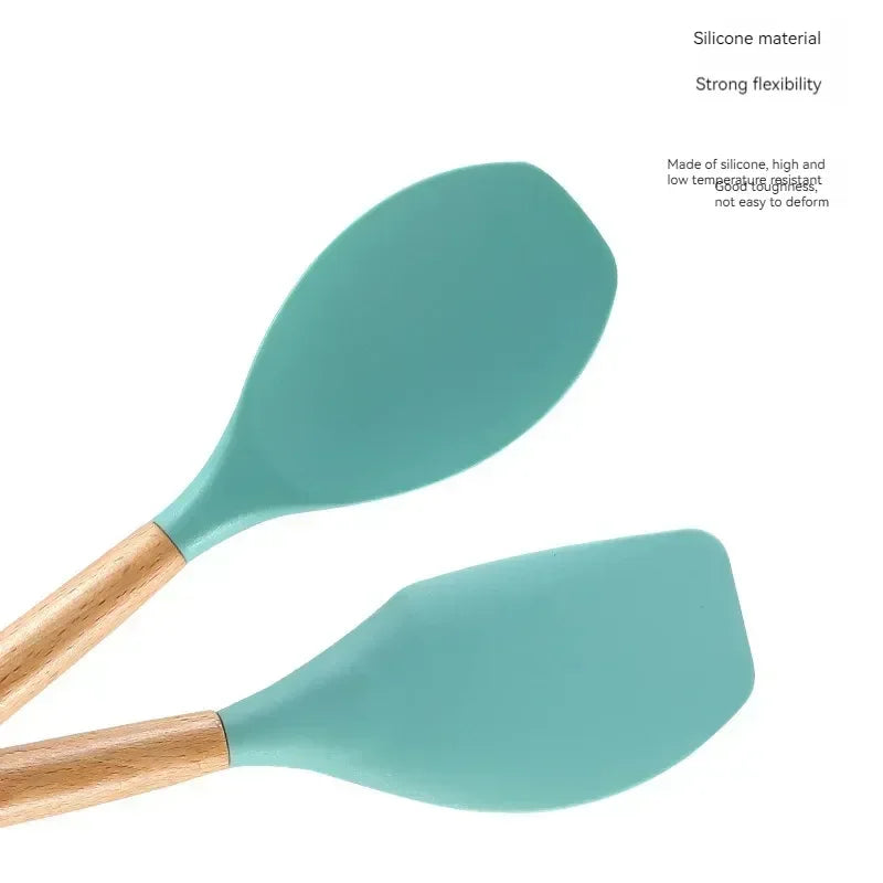 12-piece set of wooden handle silicone kitchenware with storage bucket High temperature resistant non-stick spatula