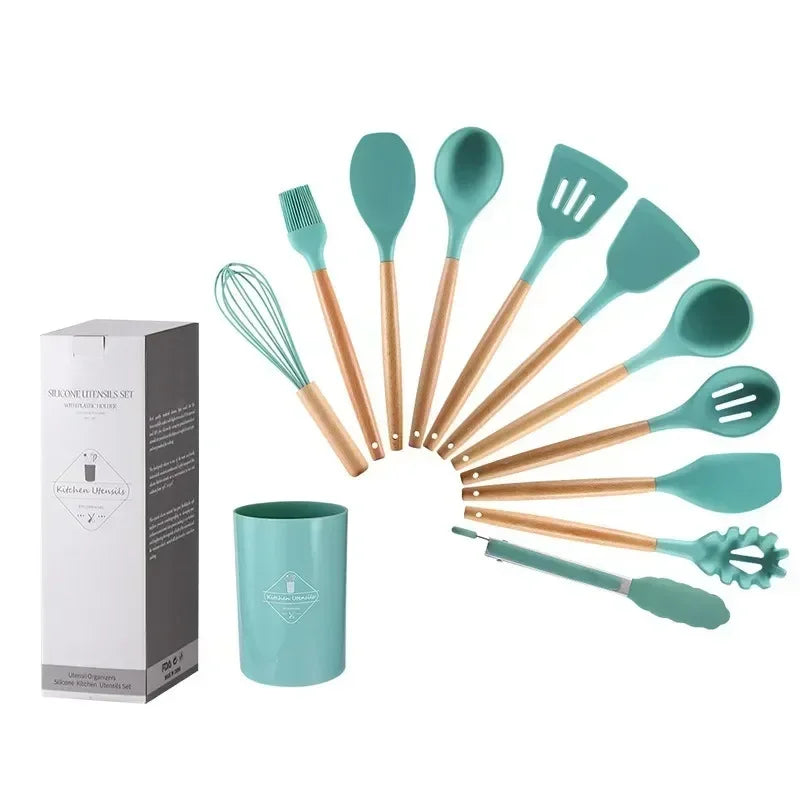 12-piece set of wooden handle silicone kitchenware with storage bucket High temperature resistant non-stick spatula