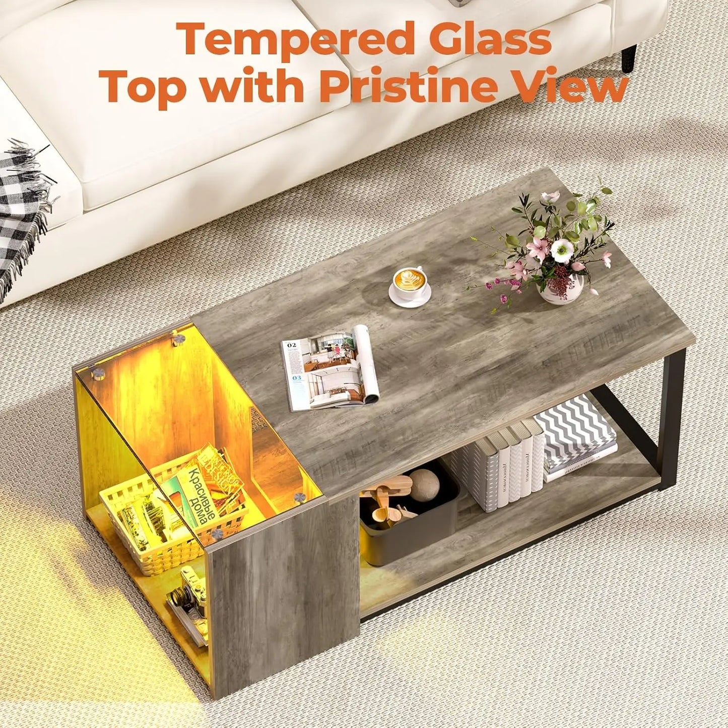 Table basse pour petit salon, table centrale moderne avec rangement, table rectangulaire en verre avec éclairage LED, grise