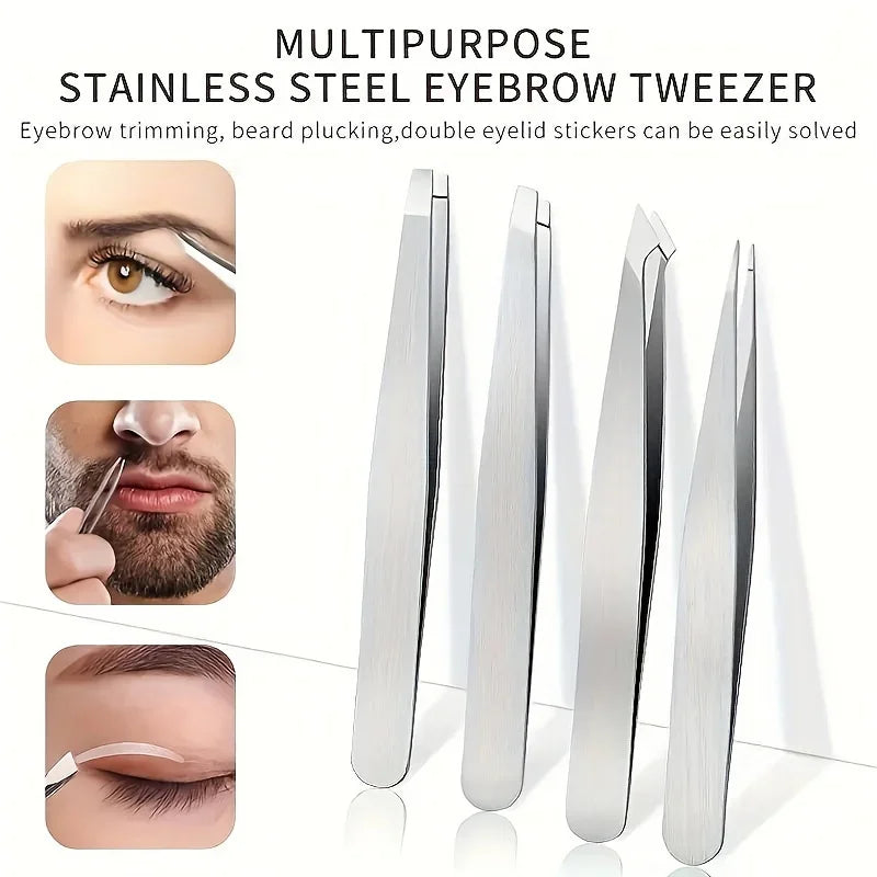 4 Piece Professional Tweezers Set Eyebrow Hair Removal, Beard Plucking, Stainless Steel Angled Tweezers Tools Hair Removal Tool