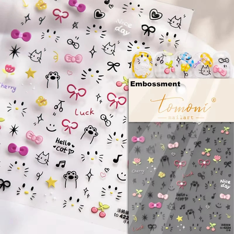 5D Cute Animal Nail Stickers Cute Sketching Graffiti Animal Cat Dog Nail Art Sticker Designs Self Adhesive Decoration Decal