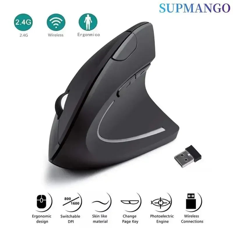 Souris verticale ergonomique sans fil 2,4 GHz, 3 DPI réglables 800/1200/1600, 6 boutons pour ordinateur portable et de bureau